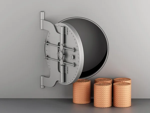 3D metallic banku vault z drzwi otwartych i monety. — Zdjęcie stockowe