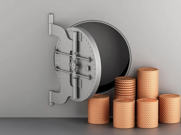 3d bóveda metálica del banco con la puerta abierta y monedas . —  Fotos de Stock