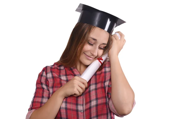 Estudiante con diploma y gorra de graduación — Foto de Stock