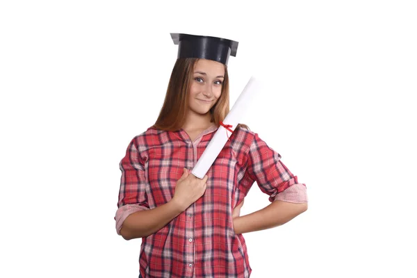 Estudiante con diploma y gorra de graduación — Foto de Stock