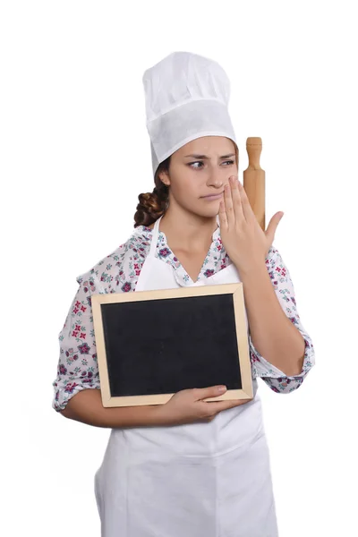 Kadın aşçı ile yazı tahtası — Stok fotoğraf