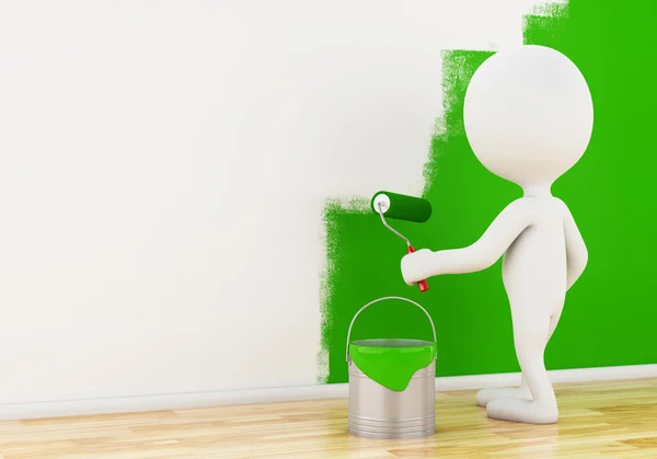3D weiße Menschen malen Wand mit einer Rolle. — Stockfoto