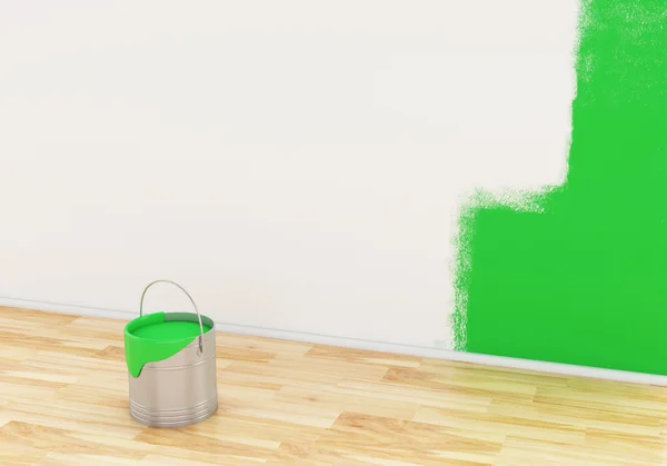 3d Full bucket of paint color green. — Stock Photo, Image