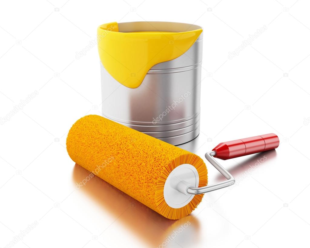 3d Full paint bucket and paint roller. Stock Photo by
