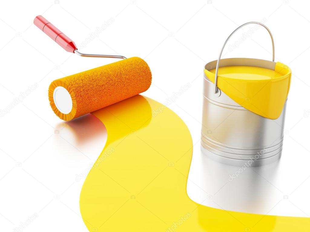 3d Full paint bucket and paint roller. — Stock Photo ©