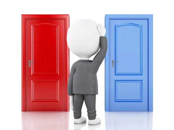 3d businessman and two doors, doubtful. Choice concept — Stock Photo, Image