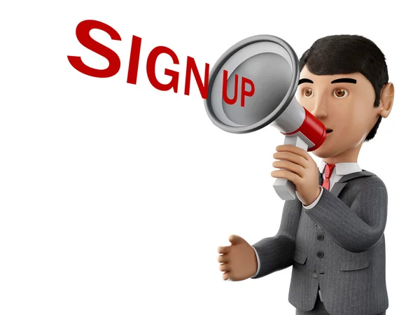 3d Businessman with a megaphone and word sign up. — Stock Photo, Image