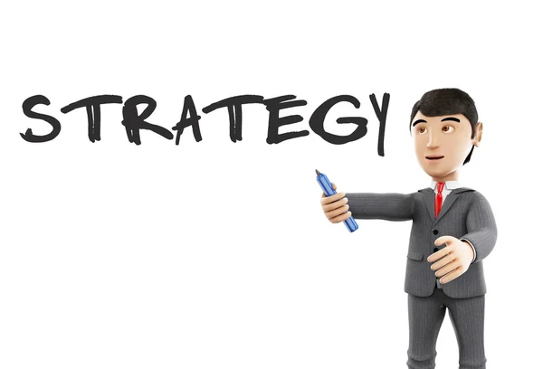 3D zakenman met een marker en word strategie. — Stockfoto