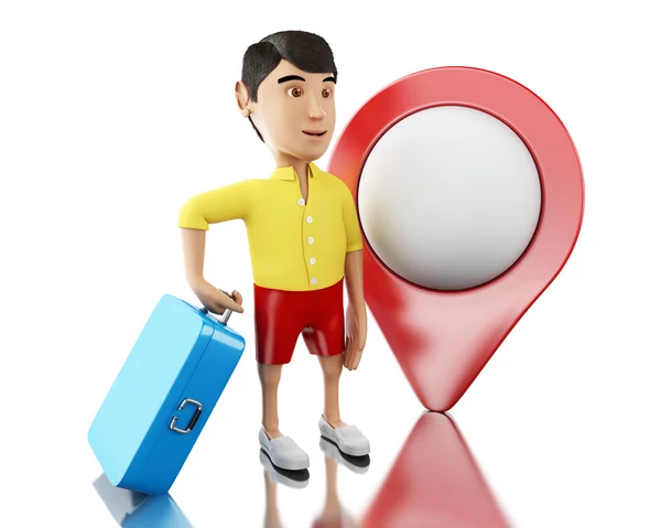 3d Man with a suitcase and map pointer. — Stock Photo, Image