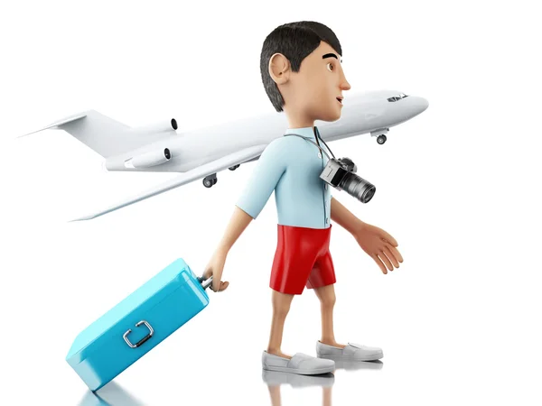 3D człowiek z walizką i kamera jedzie na wakacje. — Zdjęcie stockowe