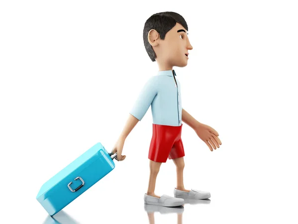 3d Uomo con una valigia va in vacanza . — Foto Stock