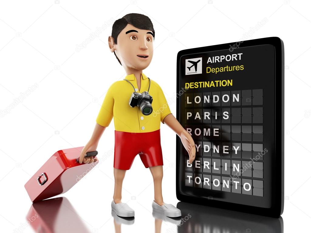 3d Man with a suitcase, camera and airport board.