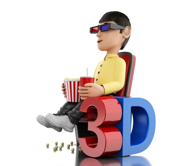 3d homem no cinema e comer pipocas com óculos 3D . — Fotografia de Stock