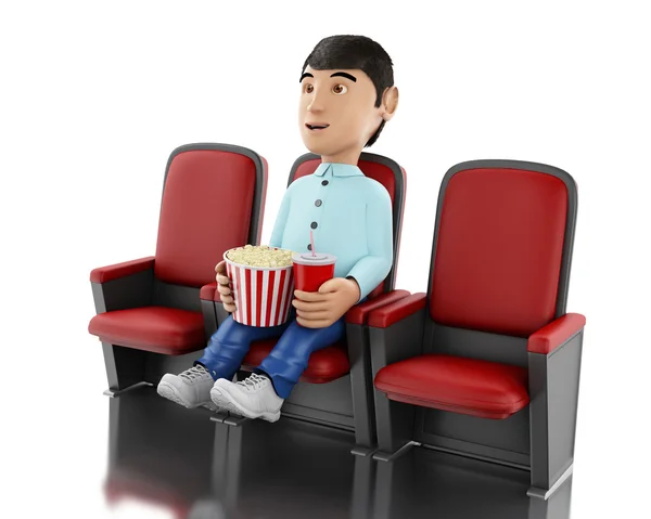 3d hombre en el cine y comer palomitas de maíz . —  Fotos de Stock