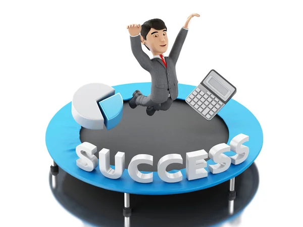 3d Businessman jumping on a trampoline with word success. — Stock Photo, Image