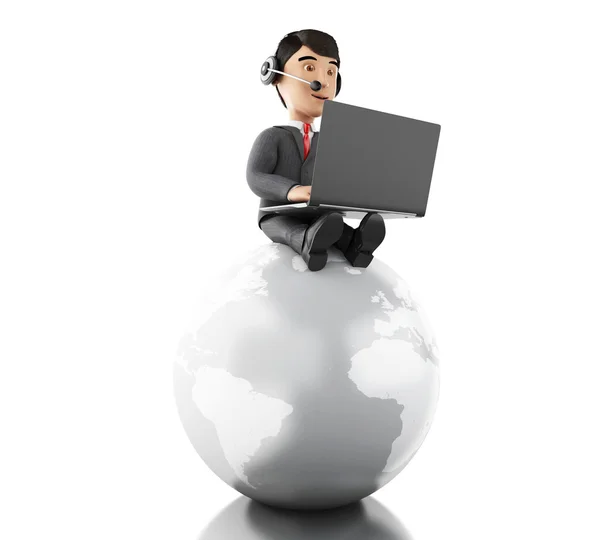 3d Homme d'affaires travaillant sur un ordinateur portable avec écouteurs sur la terre glob — Photo