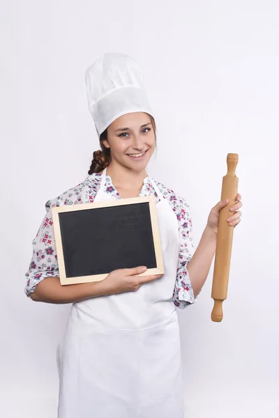 Жінка шеф-кухарка з крейдою — стокове фото