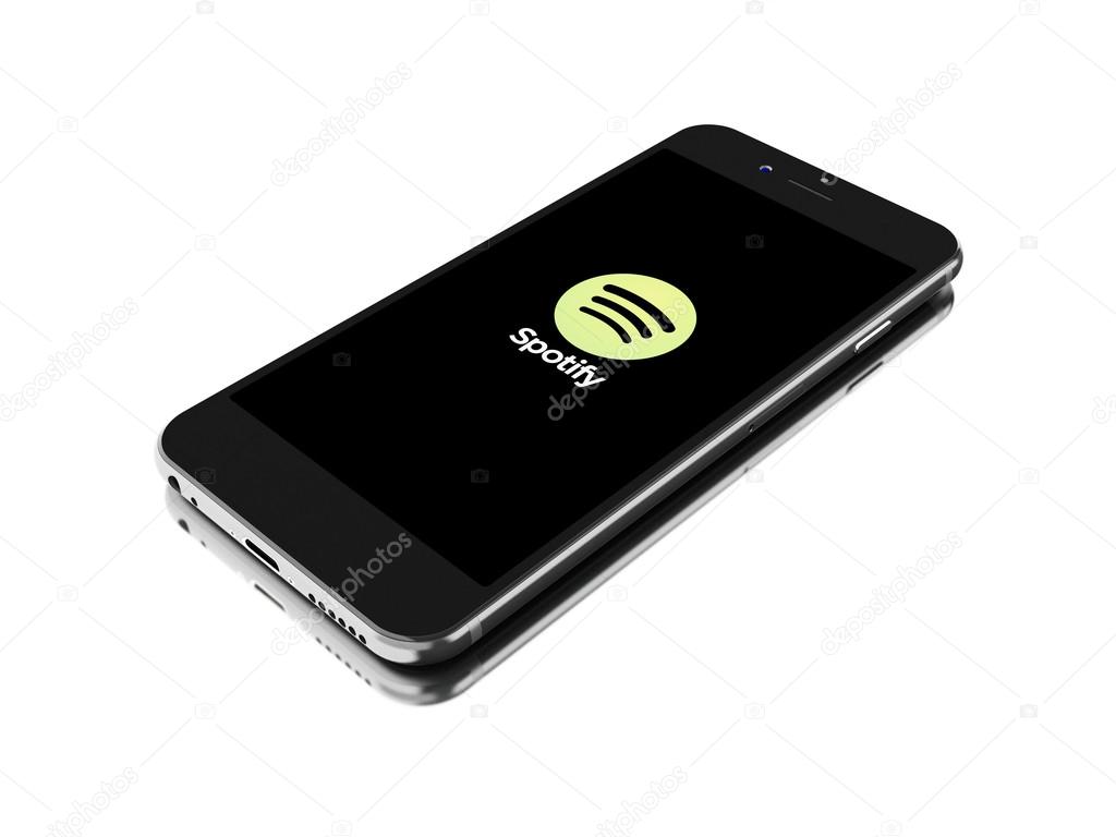 BUENOS AIRES, ARGENTINA - SEPTEMBER 07,2016: 3d renderer image. Smartphone with spotify logo on the screen. Spotify is the most famous app to listen music. isolated white background