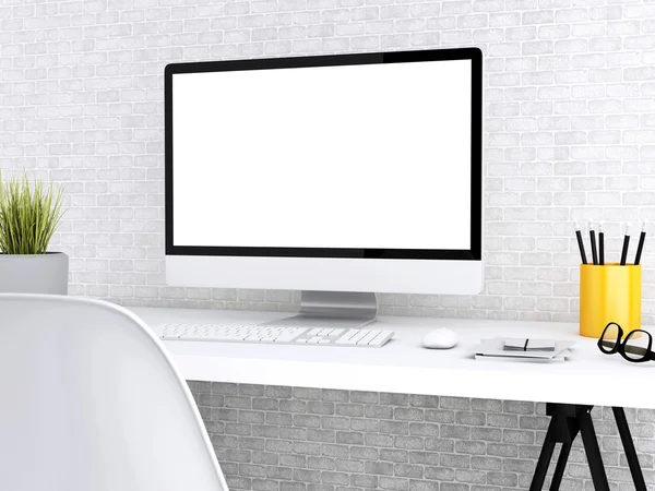 3D desktop met computer. Mock up — Stockfoto