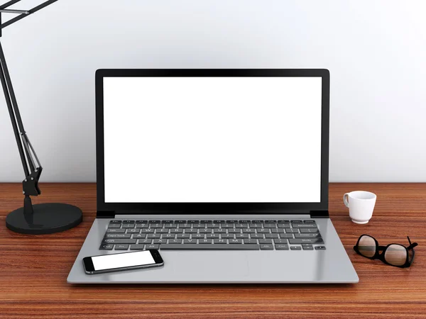 3D-Desktop mit Laptop. Attrappe — Stockfoto