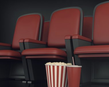3D Sinema clapper yönetim kurulu ve patlamış mısır tiyatro koltukta.