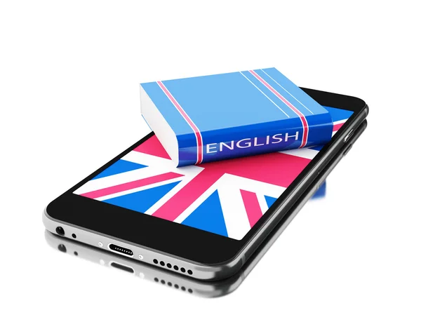 3D-Smartphone met Engels boek. Leren van talen. — Stockfoto