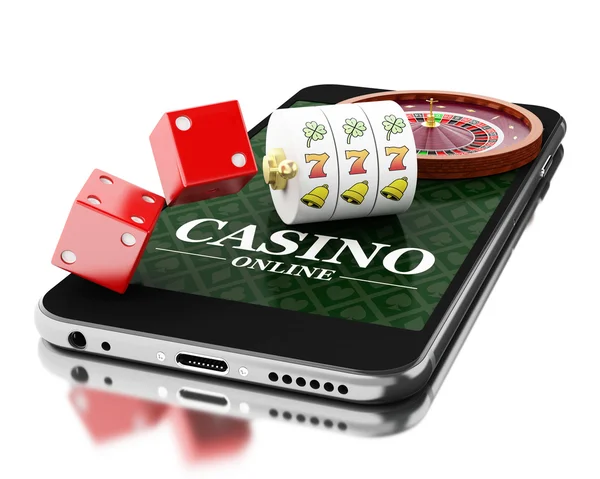 Smartphone 3d con ruleta y dados. Concepto de casino en línea . — Foto de Stock