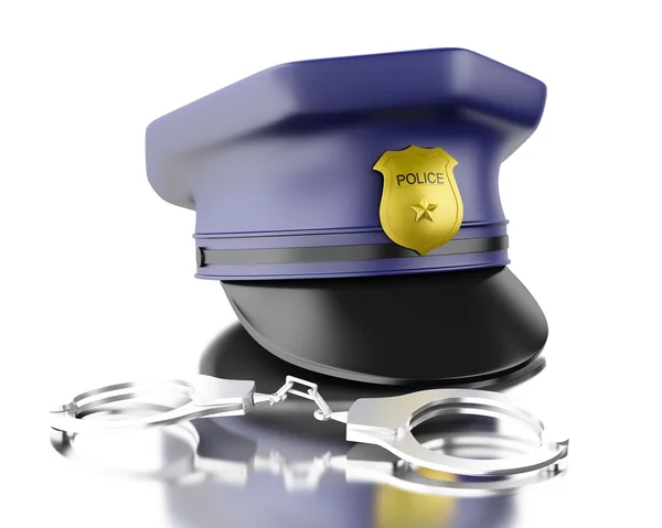 3d azul policial cap oficial com algemas . — Fotografia de Stock