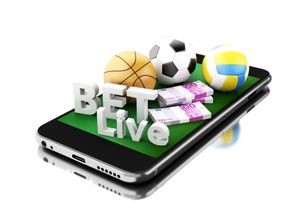 3D Smartphone s sportovní míče, peníze a sázky live. Sázkové konc — Stock fotografie