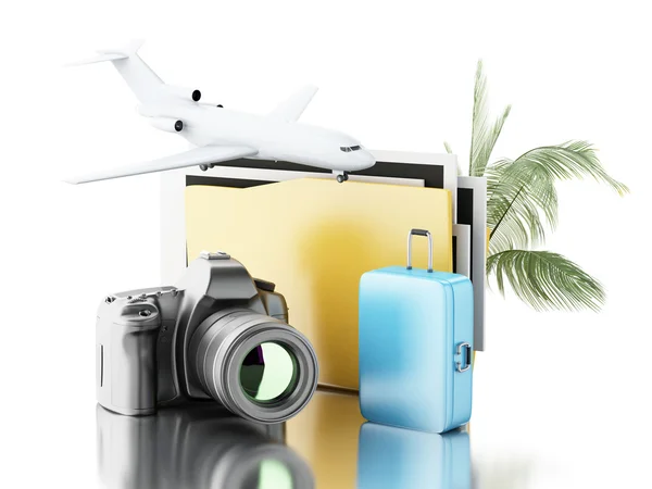 3D fotokamera med mapp, flygplan och resväska. — Stockfoto