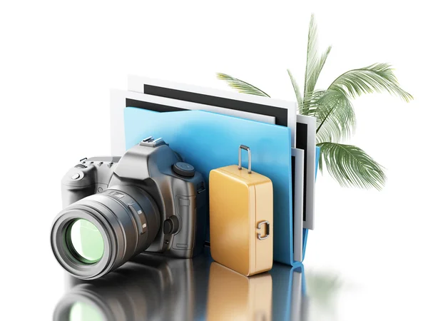 Kamera 3D zdjęcie z folderu, palmy i walizka. — Zdjęcie stockowe