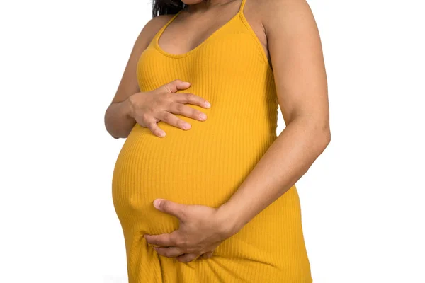 Zbliżenie Ciężarnej Kobiety Dotykającej Swojego Wielkiego Brzucha Ciąża Macierzyństwo Koncepcja — Zdjęcie stockowe