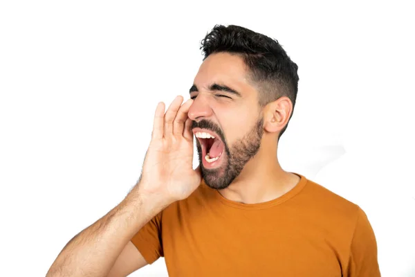 Portrait Young Latin Man Shouting Screaming White Backgound Studio — Stock Photo, Image