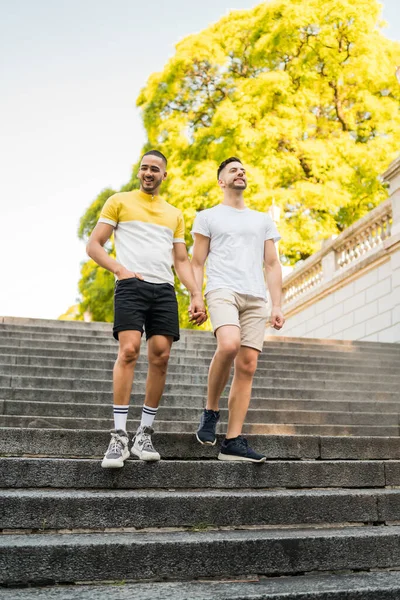 Homosexuell paar halten ihre hände und gehen. — Stockfoto