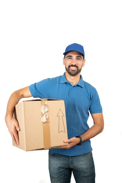 Entrega homem segurando caixas de papelão. — Fotografia de Stock