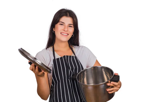 Γυναίκα σεφ κρατώντας μια μεγάλη κατσαρόλα μαγείρεμα — Φωτογραφία Αρχείου