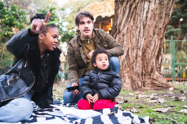 Mixed race ethnic family at park.