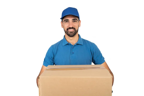 Entrega homem segurando caixas de papelão. — Fotografia de Stock