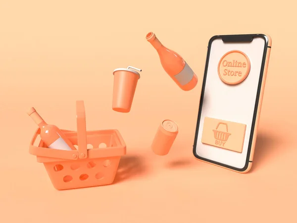 3D Illustratie. Smartphone met winkelwagentje en producten. — Stockfoto