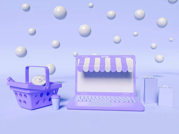 3D Illustration. Laptop with a shopping basket and bags.
