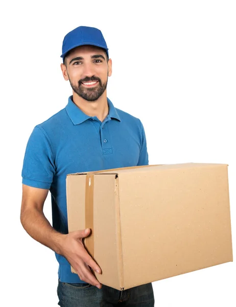 Uomo di consegna che tiene scatole di cartone. — Foto Stock