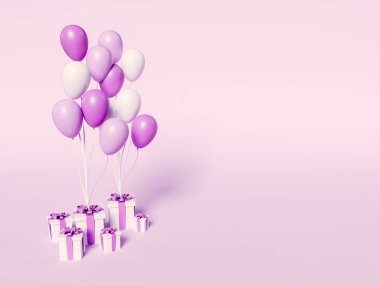 3D Illustration. Renkli balonlu hediye kutuları.