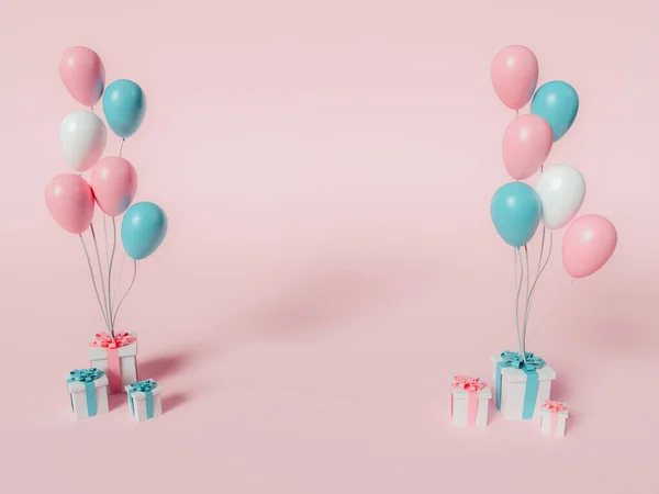 3D ilustrace. Dárkové krabice s barevnými balónky. — Stock fotografie