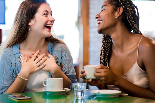 Zwei Freundinnen genießen eine Tasse Kaffee zusammen. lizenzfreie Stockfotos