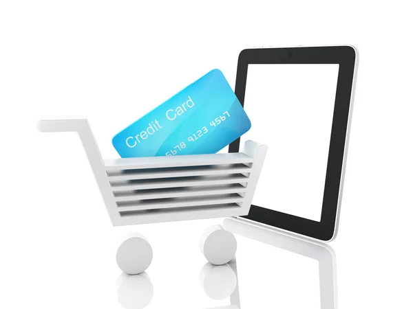 Internet-Einkaufskonzept. Warenkorb und Tablet — Stockfoto