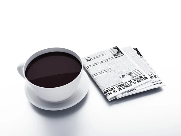 Šálek kávy s novinami na bílém samostatný pozadí. ráno — Stock fotografie