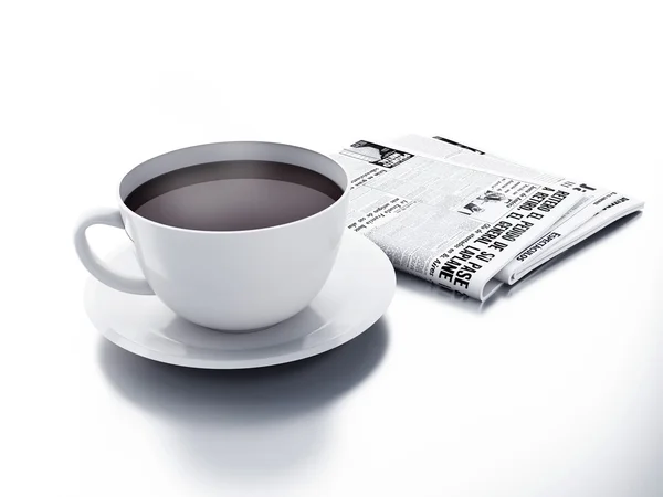 Tazza di caffè con giornale su sfondo bianco isolato. Buongiorno. — Foto Stock