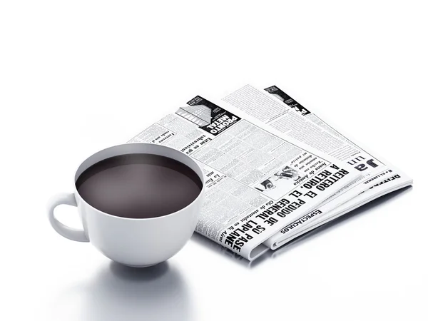 Tazza di caffè con giornale su sfondo bianco isolato. Buongiorno. — Foto Stock