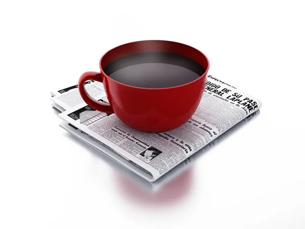 Taza de café con periódico sobre fondo blanco aislado. Buenos días. — Foto de Stock