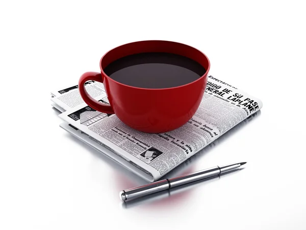 Tazza di caffè con giornale su sfondo bianco isolato. Buongiorno. — Foto Stock